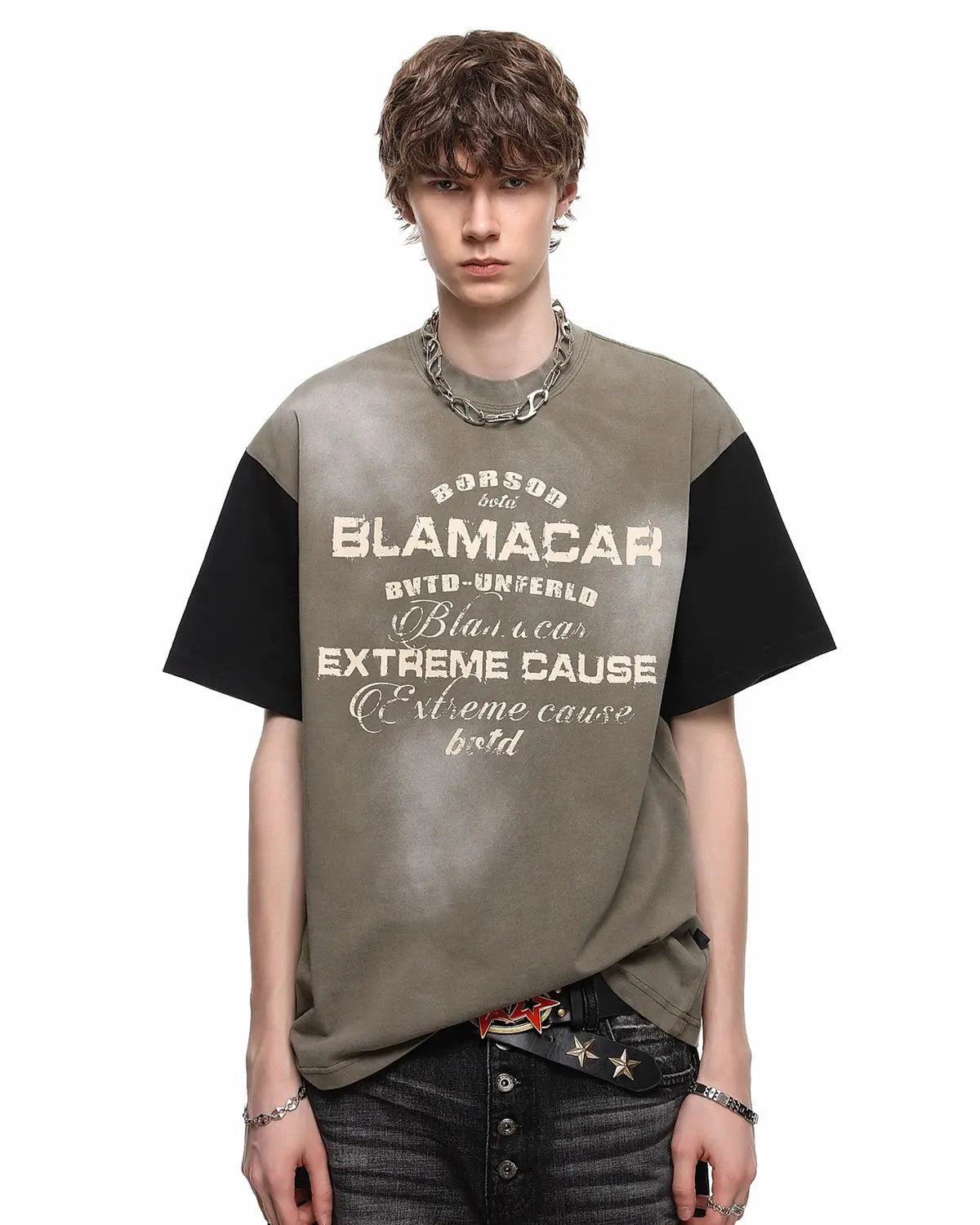 Inflation Streetwear patchwork washed graphic T-shirt featuring colorful patch designs and casual fit.
