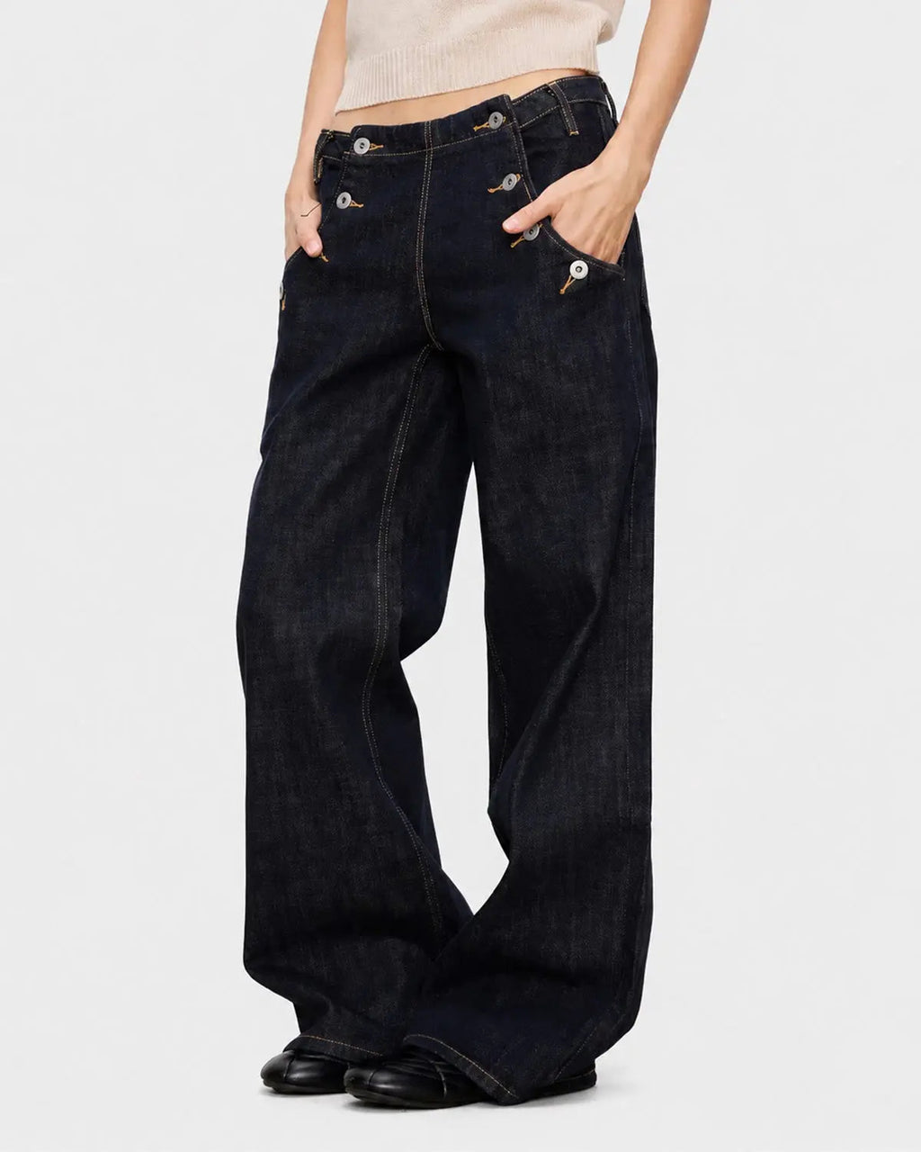 Raw wide-leg jeans with button details from Inflation Streetwear, featuring a relaxed fit and casual streetwear style.