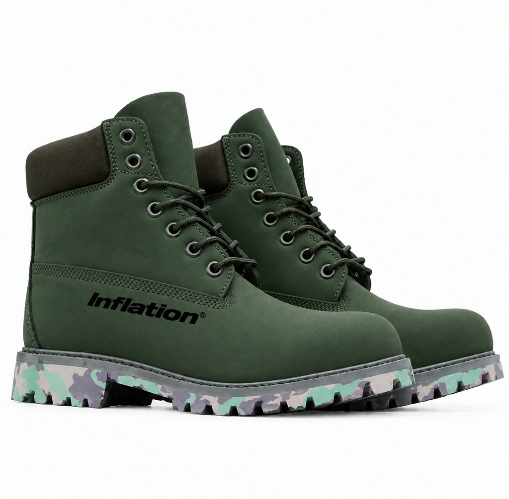Inflation brand inflation boots with sturdy soles and adjustable straps, designed for rugged outdoor wear.