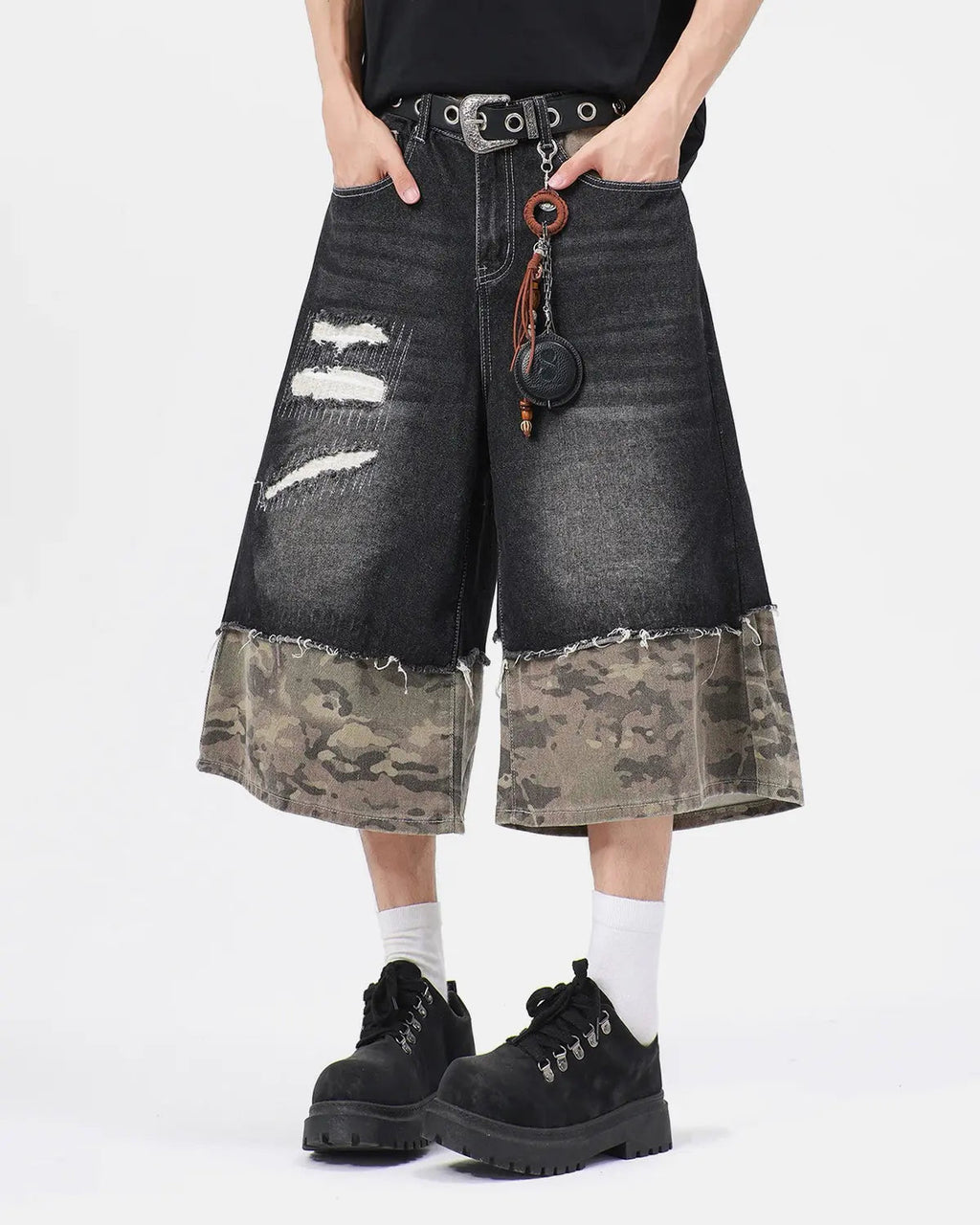 Inflation streetwear camo patchwork washed denim jorts, casual pants with distressed details and rugged style.