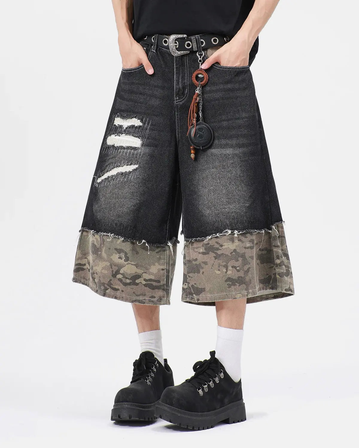Inflation streetwear camo patchwork washed denim jorts, casual pants with distressed details and rugged style.