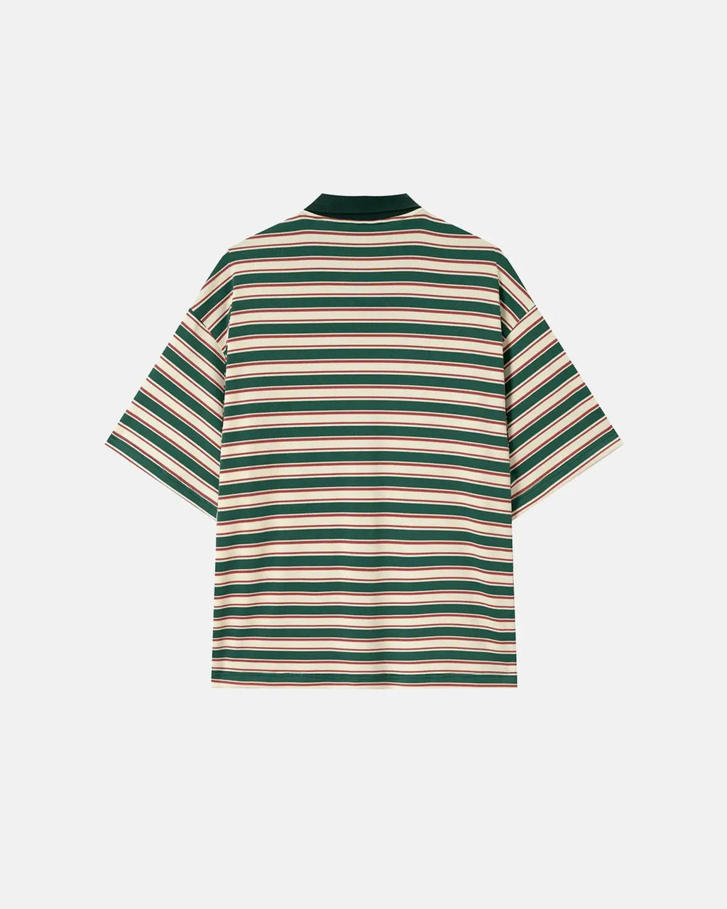 Inflation streetwear asymmetric polo collar striped t-shirt, featuring bold horizontal stripes and a unique collar design.