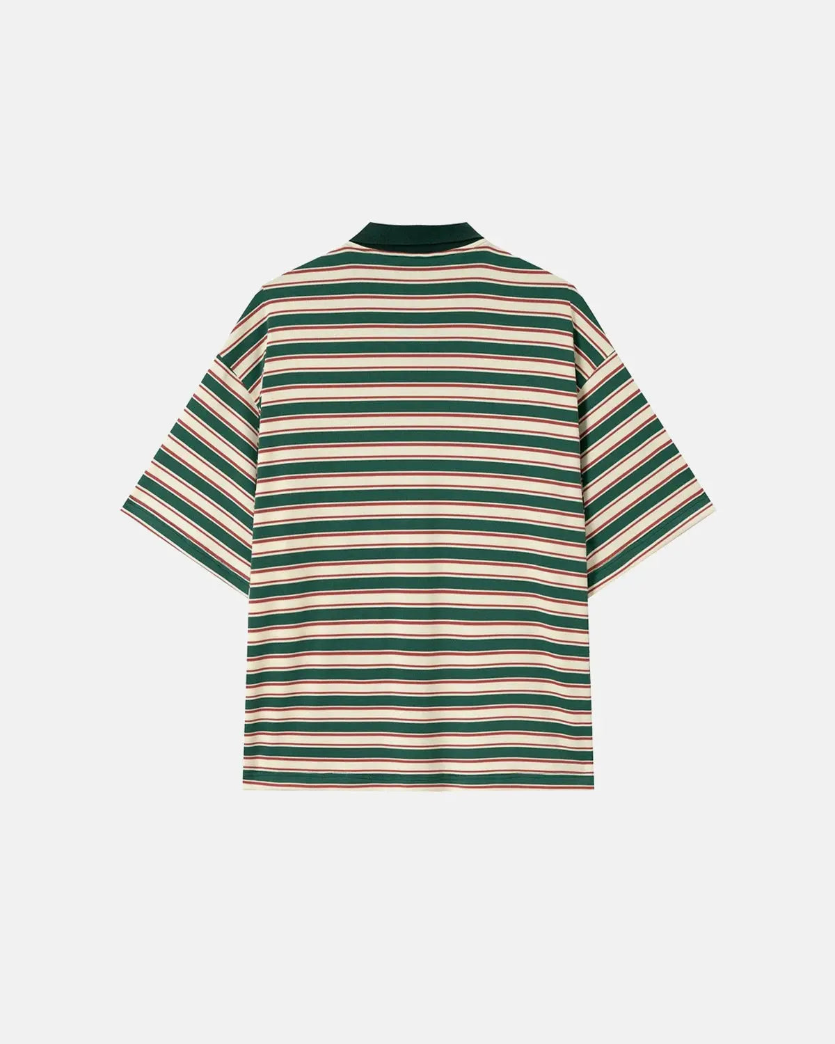 Inflation streetwear asymmetric polo collar striped t-shirt, featuring bold horizontal stripes and a unique collar design.