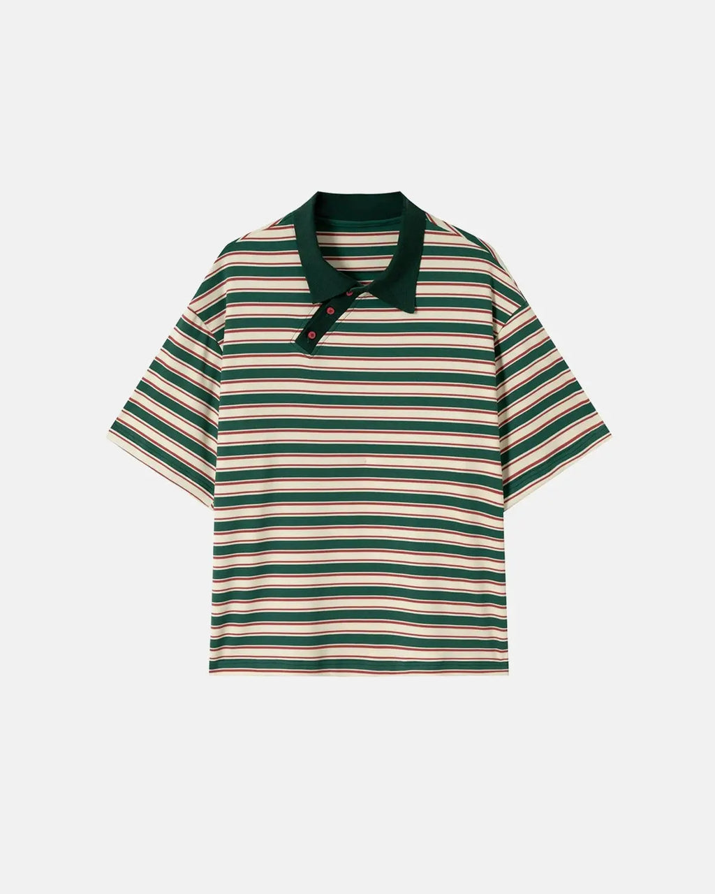 Inflation Streetwear asymmetric polo collar striped T-shirt, casual men's polo shirt with bold stripe pattern and unique collar design.