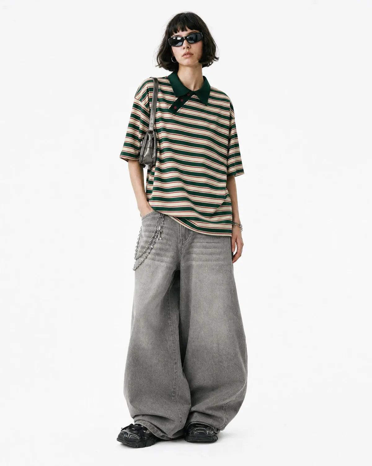 Inflation streetwear asymmetric polo collar striped T-shirt, front view showing bold vertical stripes and unique collar design.