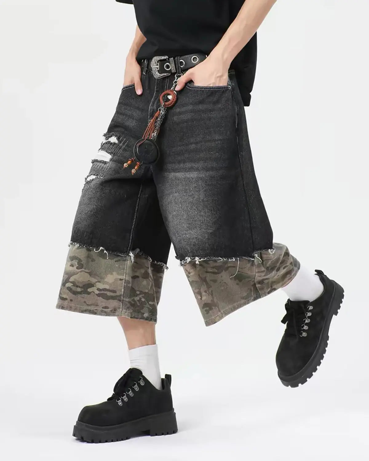 Inflation Streetwear camo patchwork washed denim jorts, casual pants with distressed detailing and rugged style.