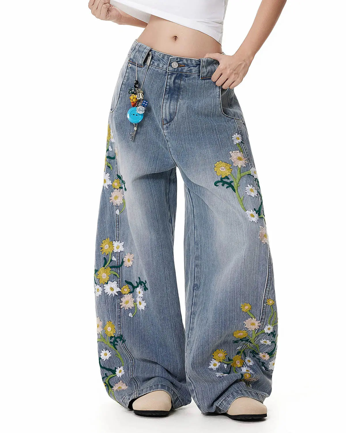 Inflation streetwear embroidery bamboo weave baggy jeans, relaxed fit pants with detailed stitching and casual street style.
