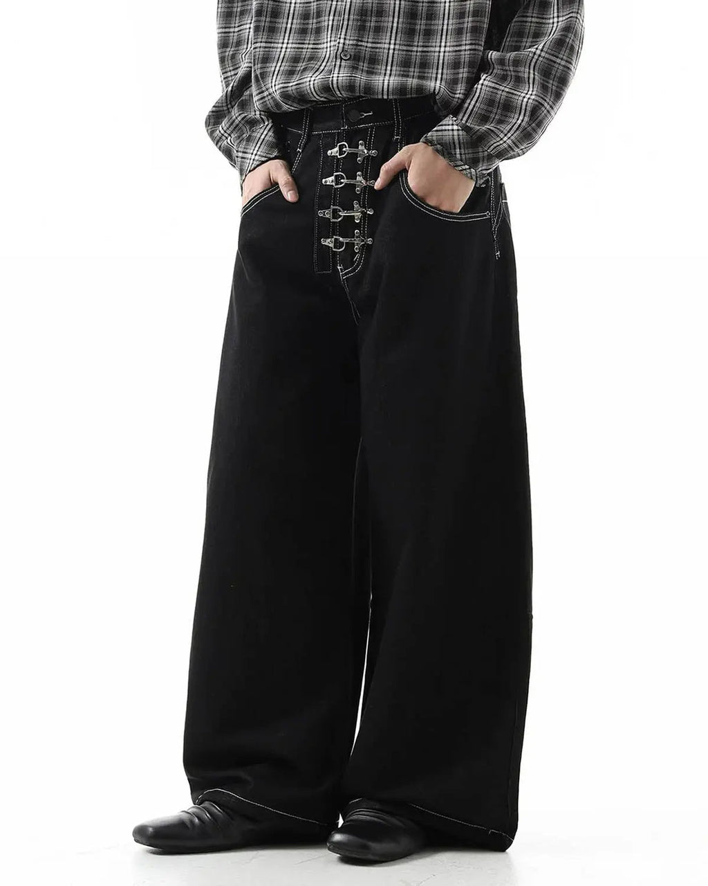 Raw metal clasp baggy jeans from Inflation Streetwear featuring a relaxed fit and casual style.