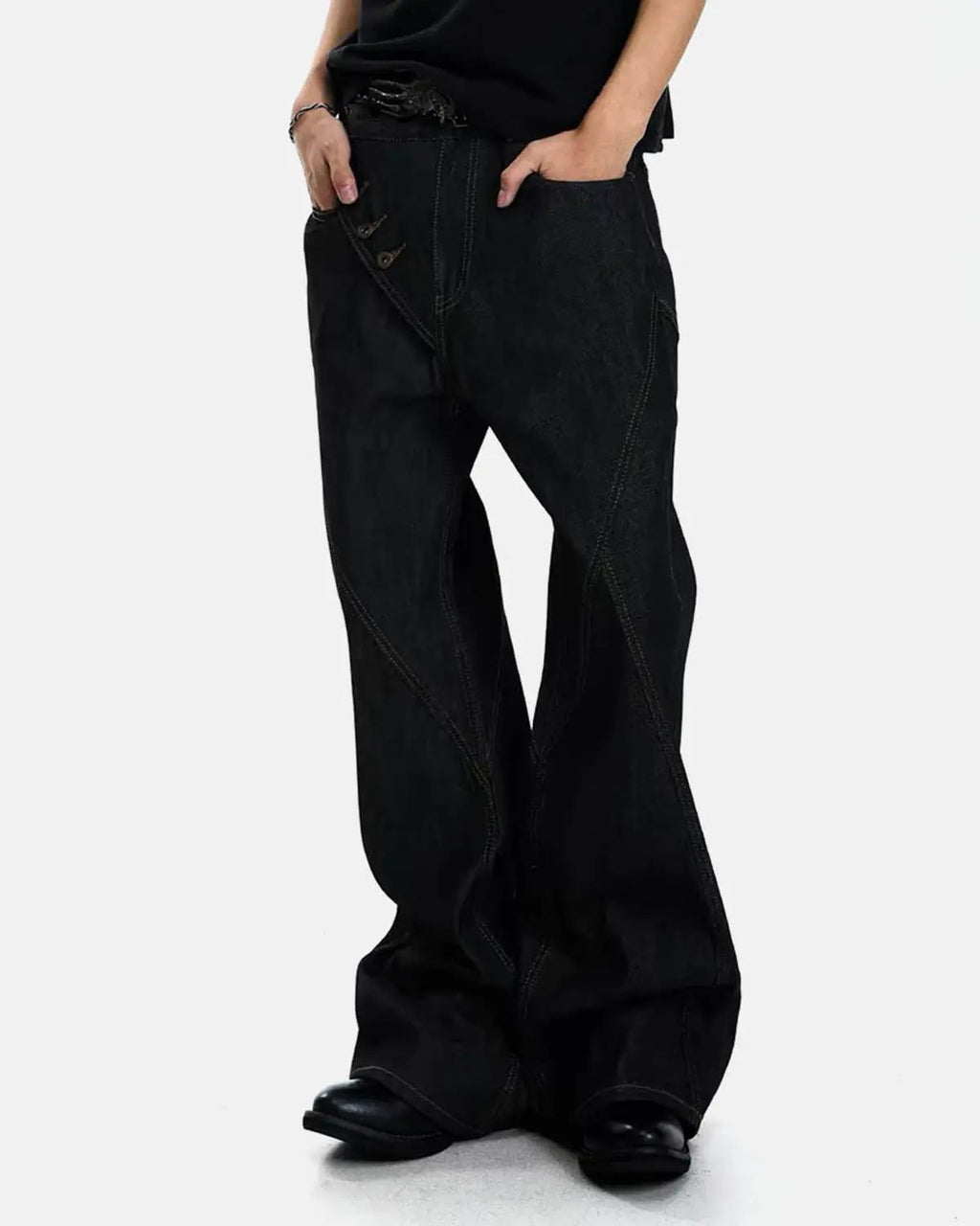 Inflation Streetwear asymmetric button bootcut jeans in denim, showcasing unique button details and classic pant style.