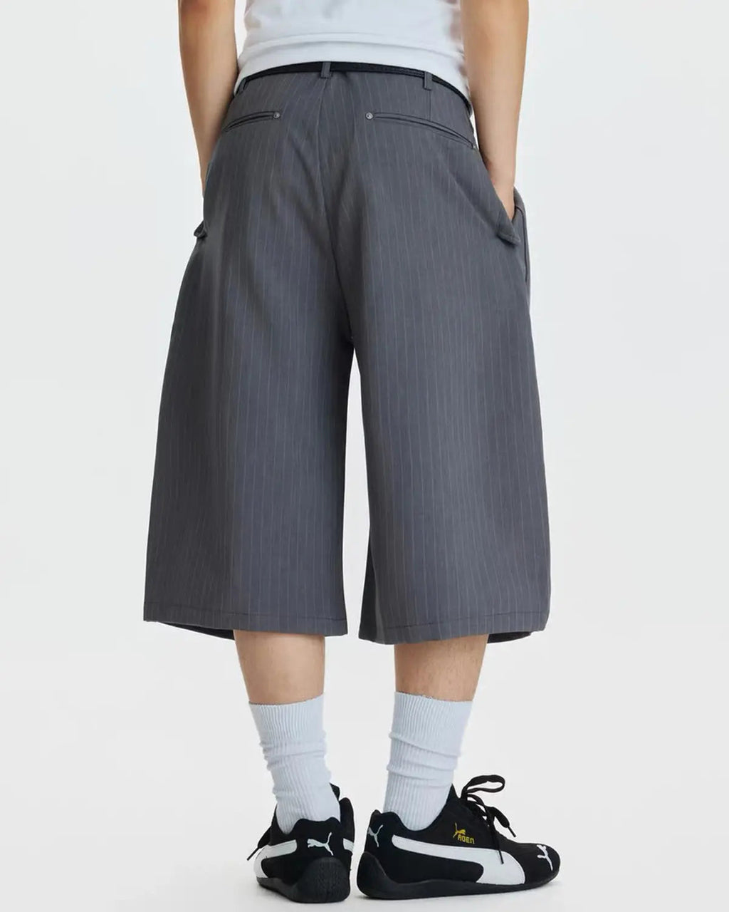Inflation Streetwear pinstripe pleated ring detail tailored shorts, stylish pants with ring accents and crisp pleats.