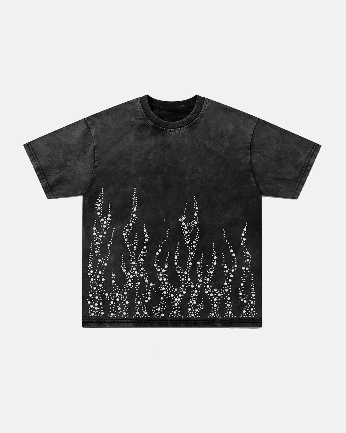 Washed rhinestone flame graphic on INFLATION boxy T-shirt, stylish streetwear fashion with bold flame design and relaxed fit.