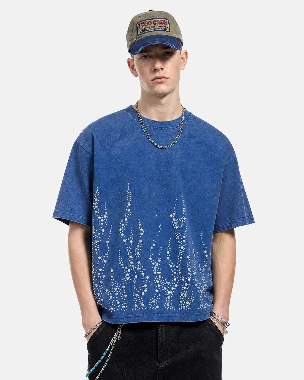 Inflation Streetwear Washed Rhinestone Flame Boxy T-Shirt featuring a flame design and rhinestones on a casual, oversized fit.