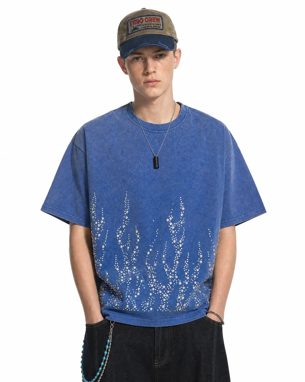Washed rhinestone flame design on black INFLATION boxy T-shirt, streetwear style with bold graphic and relaxed fit.