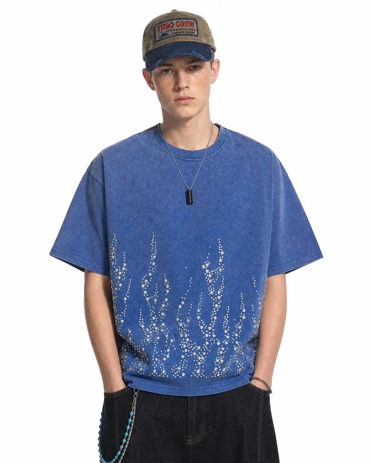 Washed rhinestone flame design on black INFLATION boxy T-shirt, streetwear style with bold graphic and relaxed fit.