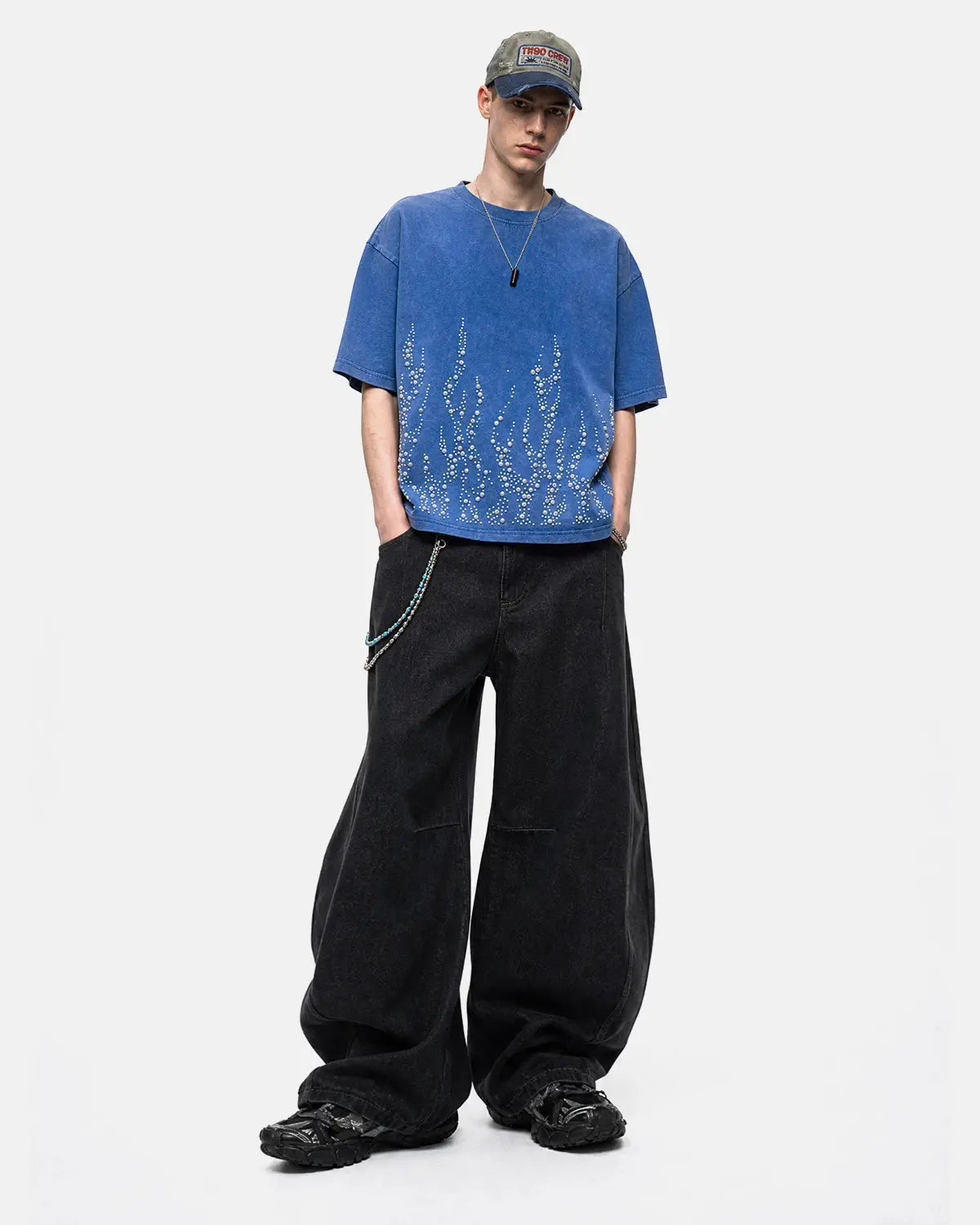 Washed rhinestone flame graphic boxy T-shirt by INFLATION, featuring a bold flame design on soft, casual streetwear style.