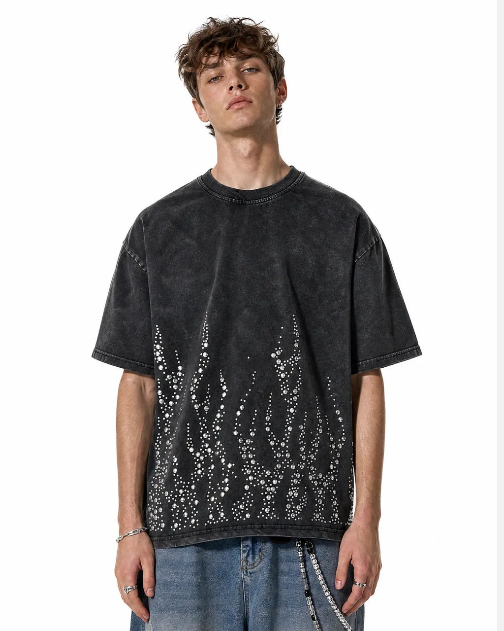 Washed rhinestone flame design on black boxy T-shirt by INFLATION, streetwear style, with visible rhinestone details and relaxed fit.