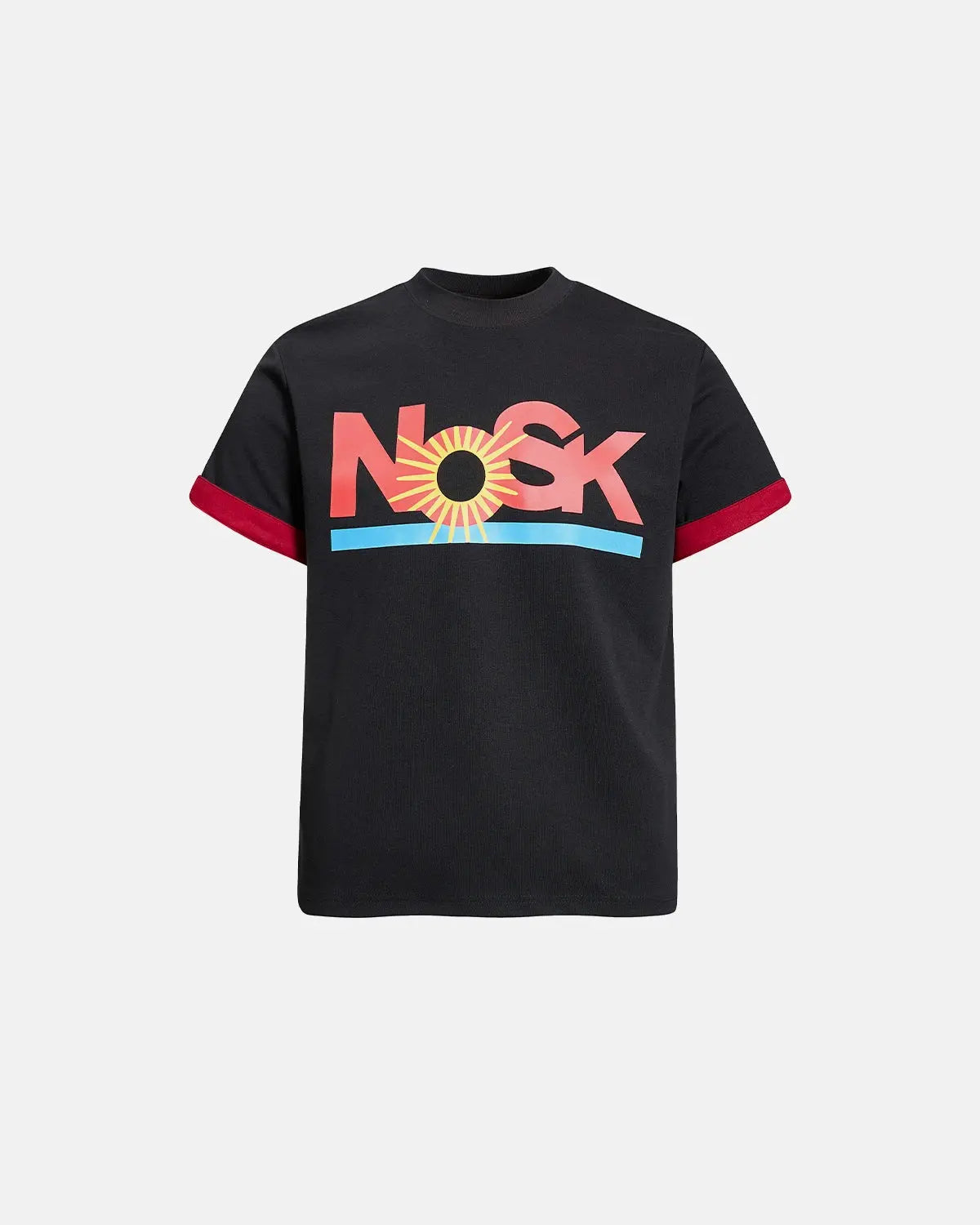 Graphic layered T-shirt by INFLATION featuring layered fabric design and streetwear style, shown on a mannequin.