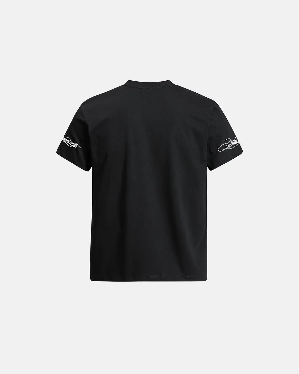 Inflation Streetwear All-Over Script Graphic T-Shirt with bold printed design on black fabric, casual streetwear style.