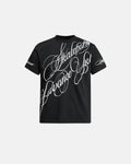 Inflation Streetwear all-over script graphic T-shirt featuring bold black lettering on a white cotton tee.