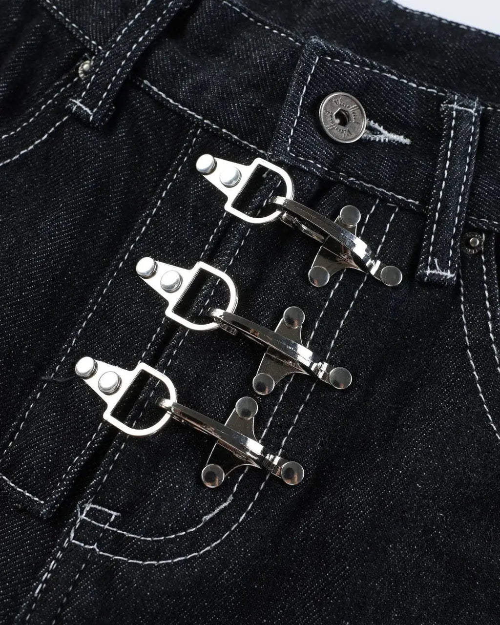 Inflation streetwear buckle detail raw denim jorts, casual men's pants with distressed finish and raw hem, stylish summer shorts.
