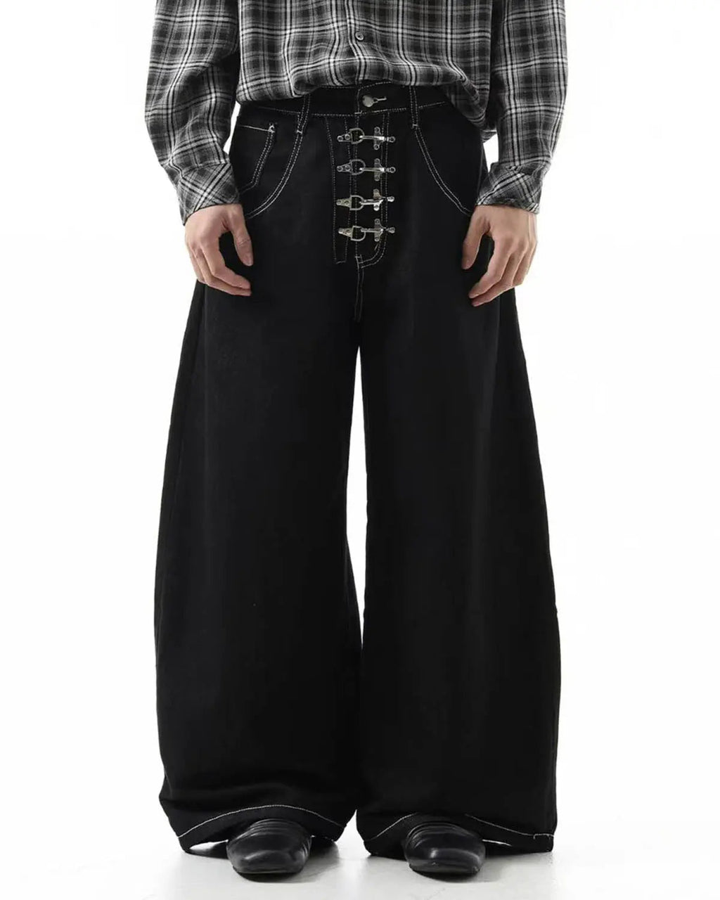 Raw metal clasp baggy jeans from Inflation Streetwear featuring a relaxed fit and distressed denim style.