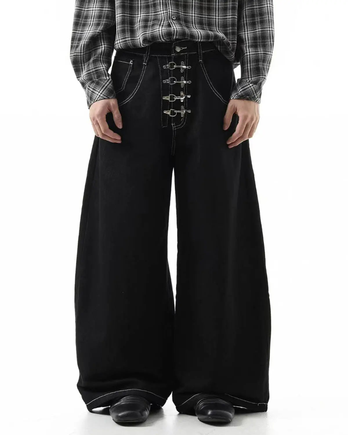 Raw metal clasp baggy jeans from Inflation Streetwear featuring a relaxed fit and distressed denim style.