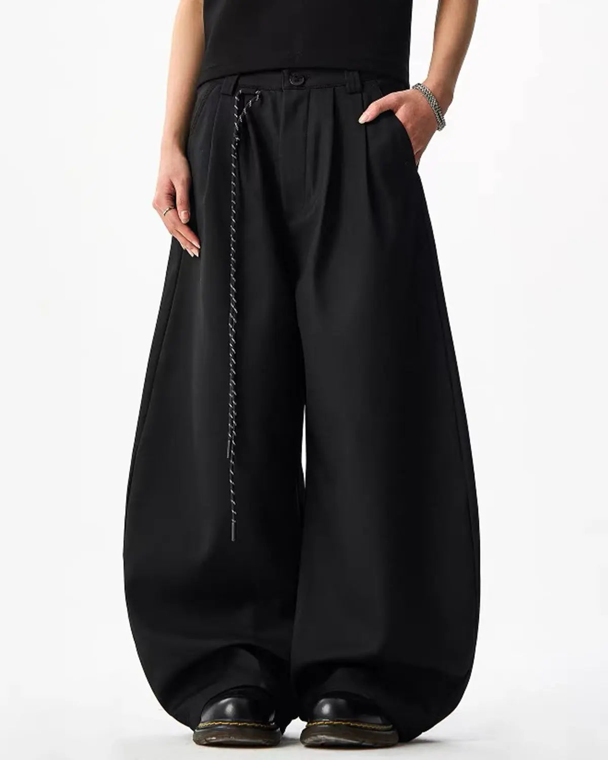 INFLATION Rope Belt Wide Leg Tailored Pants featuring a stylish rope belt and relaxed fit, perfect for streetwear fashion.