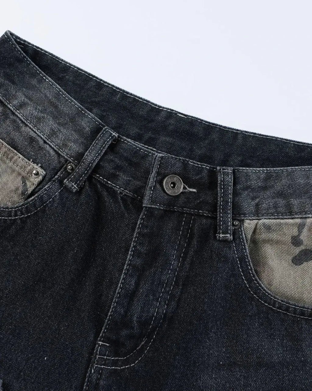 Inflation streetwear camo patchwork washed denim jorts, casual men's pants with distressed design and rugged style.