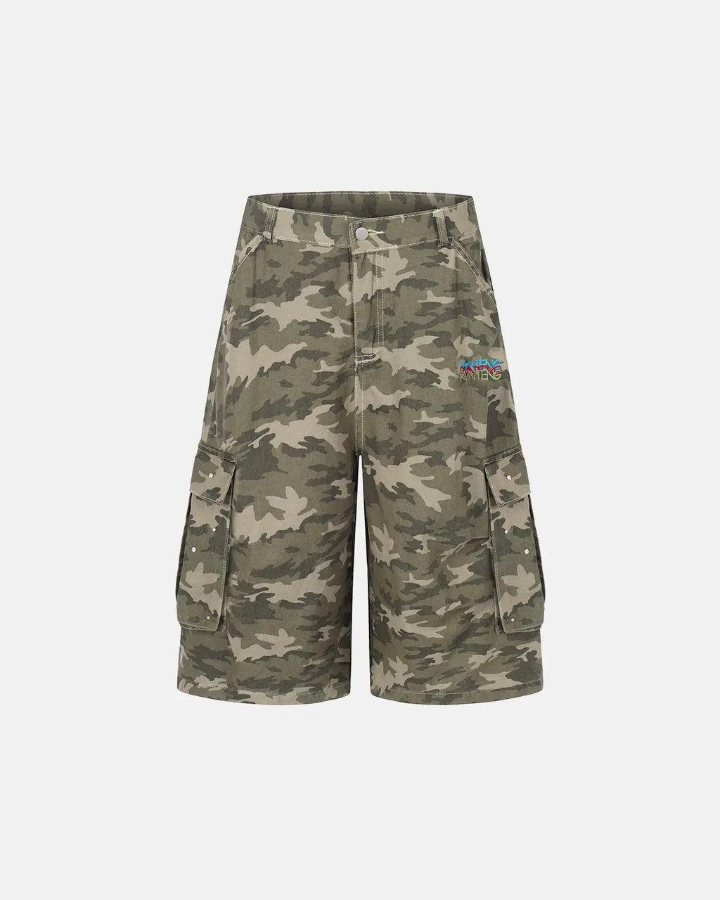 Embroidered camo cargo longline shorts by INFLATION featuring military-inspired camouflage pattern and multiple cargo pockets.