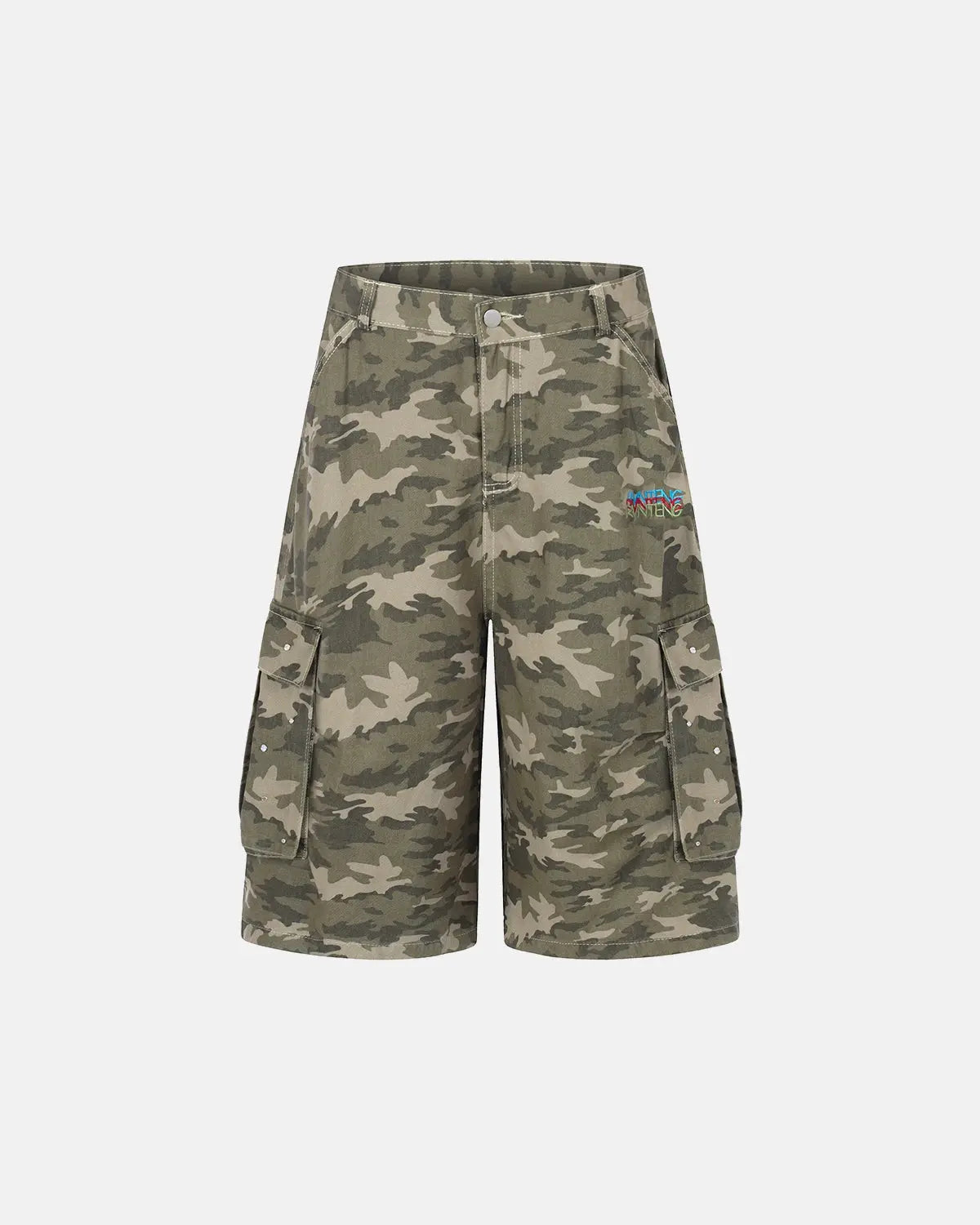 Embroidered camo cargo longline shorts by INFLATION featuring military-inspired camouflage pattern and multiple cargo pockets.