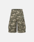 Inflation Streetwear embroidered camo cargo longline shorts with multiple pockets and a relaxed fit, perfect for casual street style.