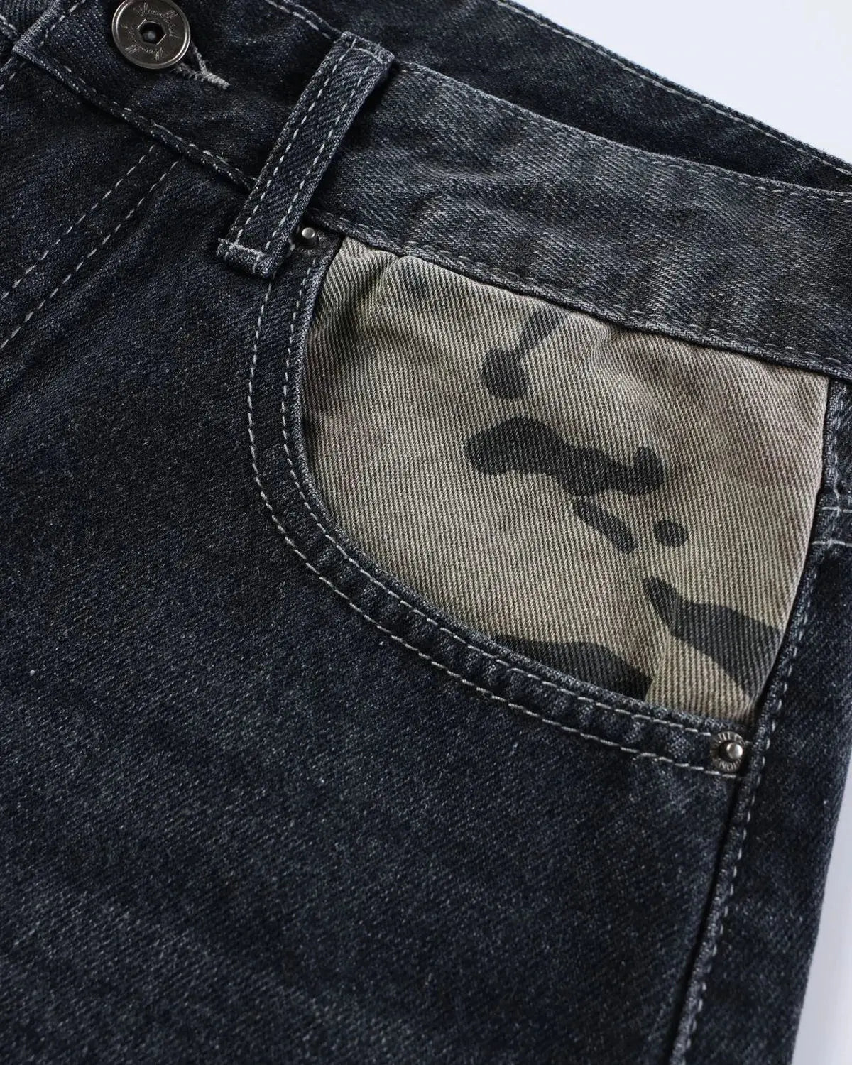 Inflation brand camo patchwork washed denim jorts, casual men's pants with distressed denim and camouflage patches.
