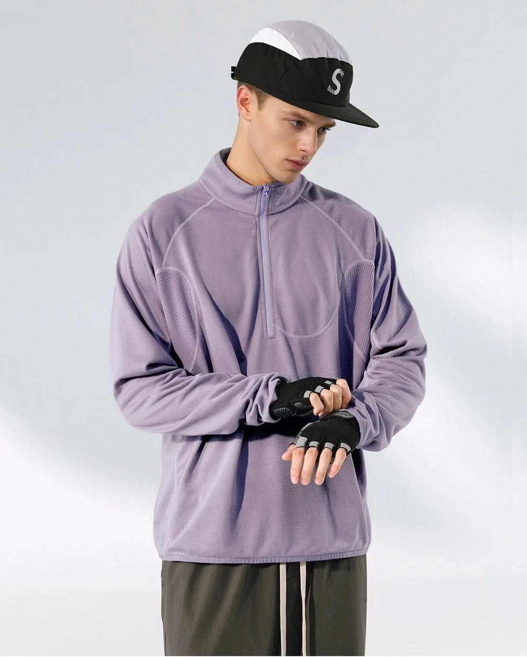 INFLATION Breathable Grid Fleece Half-Zip Sweatshirt featuring a textured fabric and relaxed fit in a stylish streetwear design.