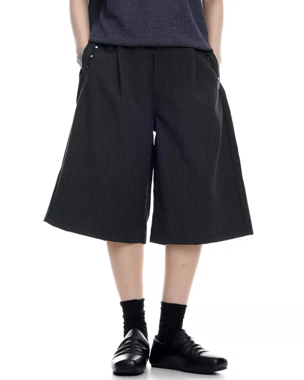Inflation Streetwear pinstripe stud detail tailored shorts, stylish men's pants with unique pinstripe pattern and metal stud accents.