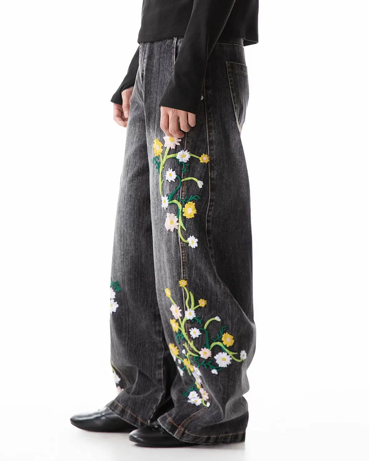Embroidery bamboo weave baggy jeans by INFLATION, streetwear style, featuring loose fit and detailed embroidery on durable denim.