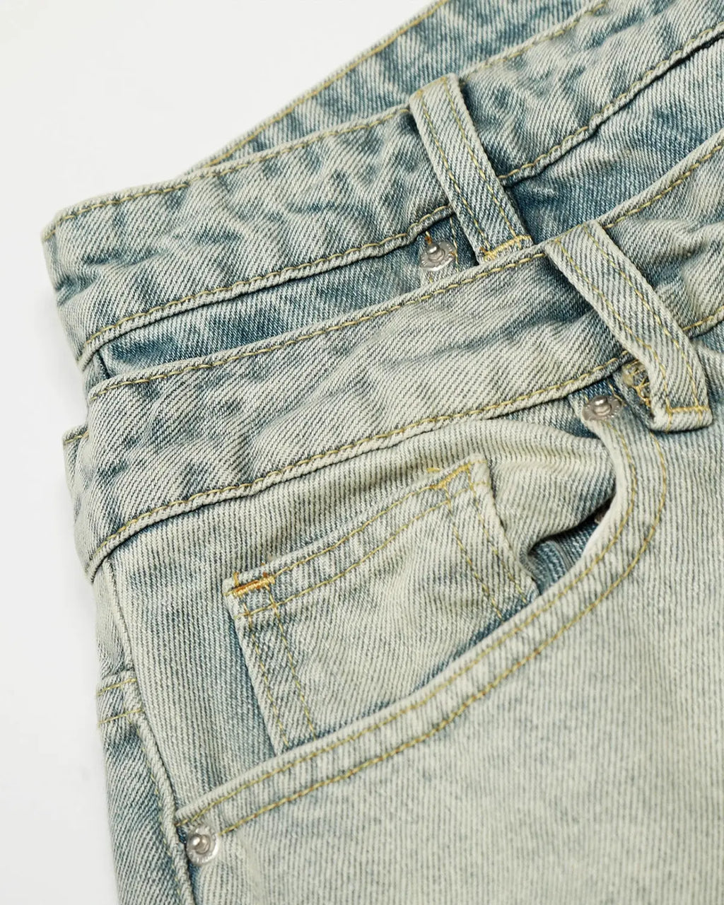 Inflation Double Waist Acid Washed Baggy Jeans with distressed details and relaxed fit, styled with casual streetwear look.