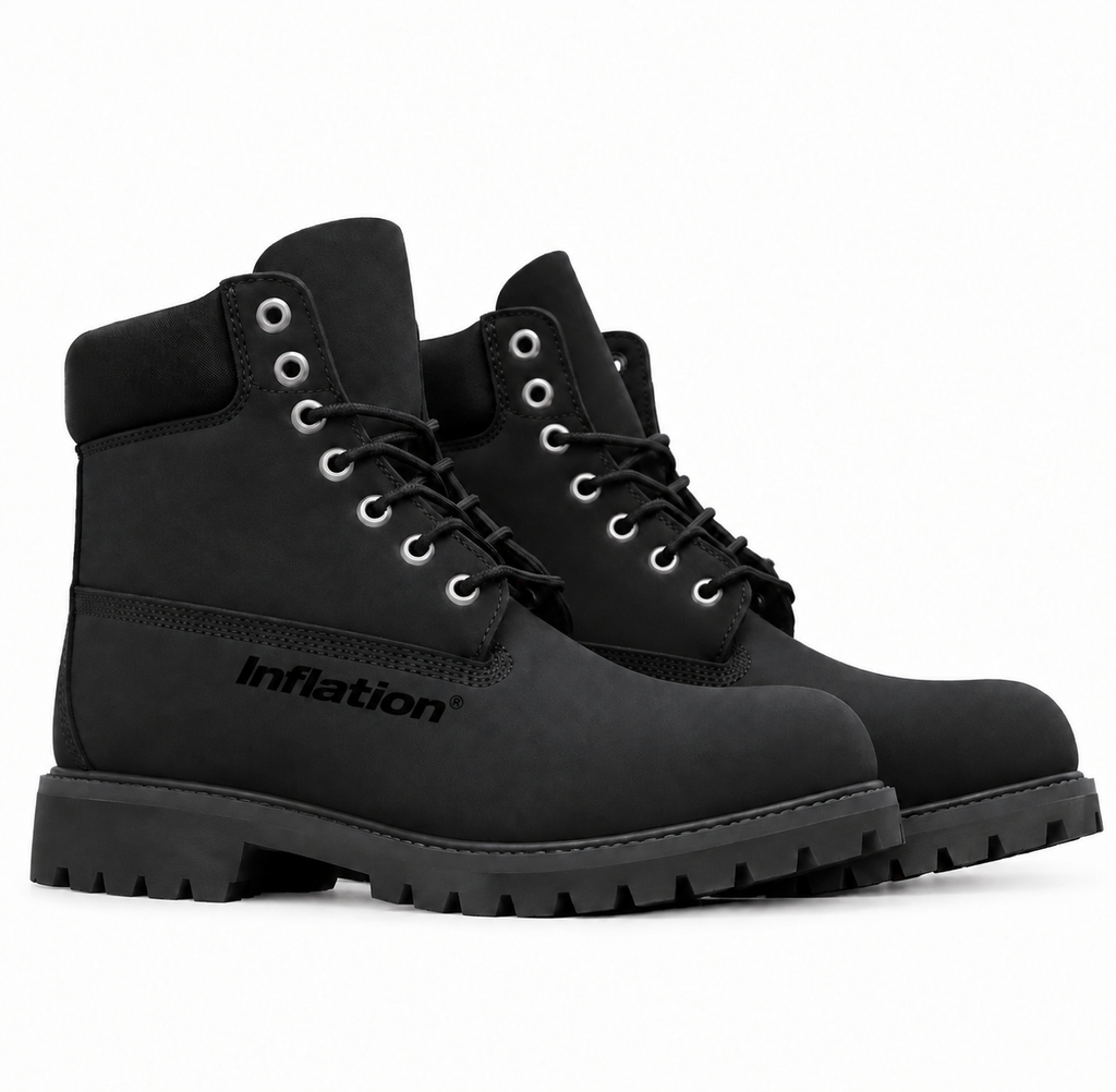 Inflation brand inflation boots showing sturdy waterproof leather upper and rugged sole, suitable for outdoor wear.