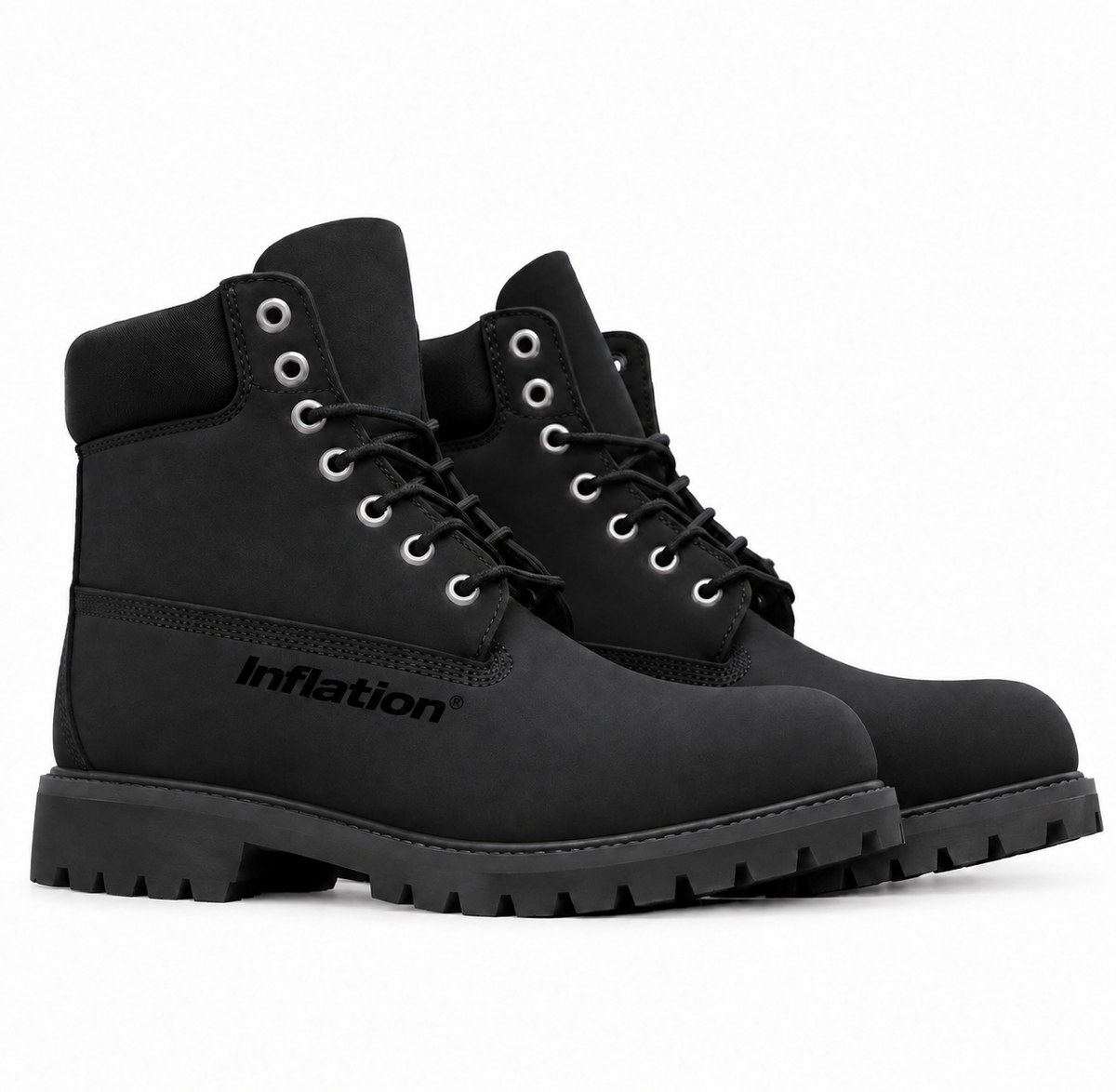 Inflation brand inflation boots showing sturdy waterproof leather upper and rugged sole, suitable for outdoor wear.