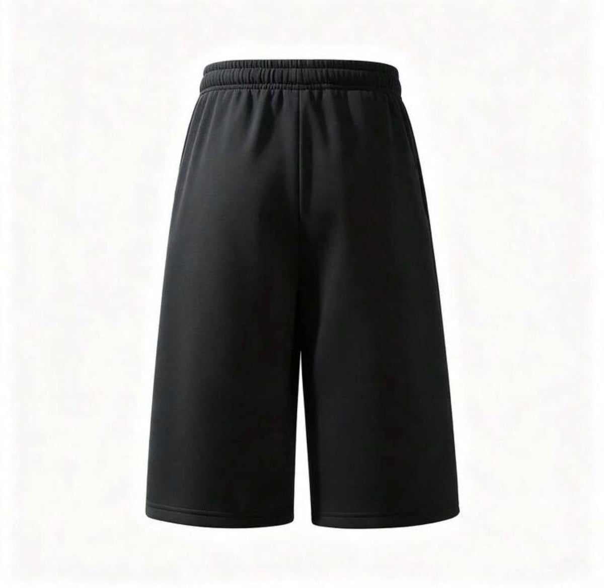 Inflation trending long jogger shorts in black, featuring a comfortable elastic waistband and tapered fit, suitable for casual wear.