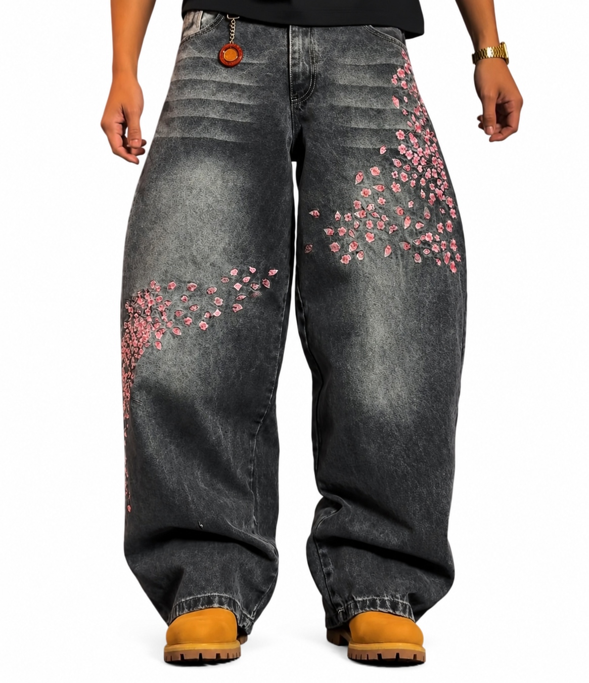 Inflation Sakura black and grey wash baggy denim jeans with relaxed fit and distressed details, front pockets, and belt loops.