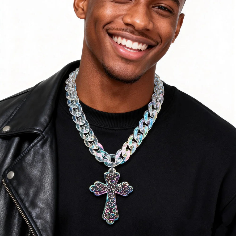 Inflation Big Cross Pendant Chain Necklace, 51cm length, featuring a large cross pendant on a silver-tone chain.