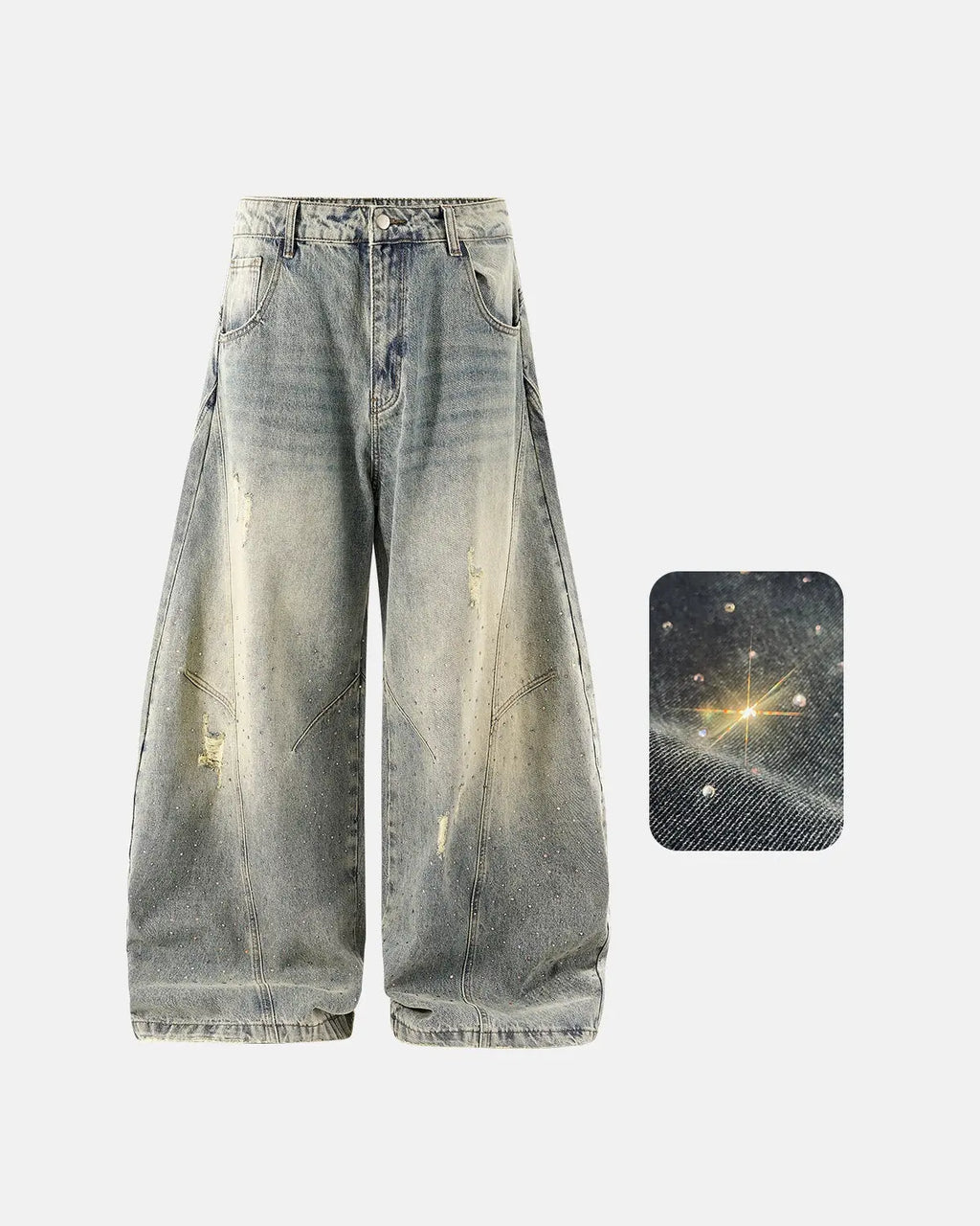 Colorful rhinestone ripped baggy jeans by INFLATION, featuring vibrant embellishments and distressed style, casual streetwear pants.