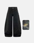 Colorful rhinestone raw barrel jeans by INFLATION Streetwear featuring vibrant embellishments and distressed denim style.