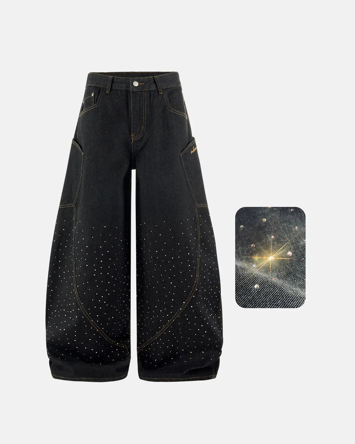 Colorful rhinestone raw barrel jeans by INFLATION Streetwear featuring vibrant embellishments and distressed denim style.
