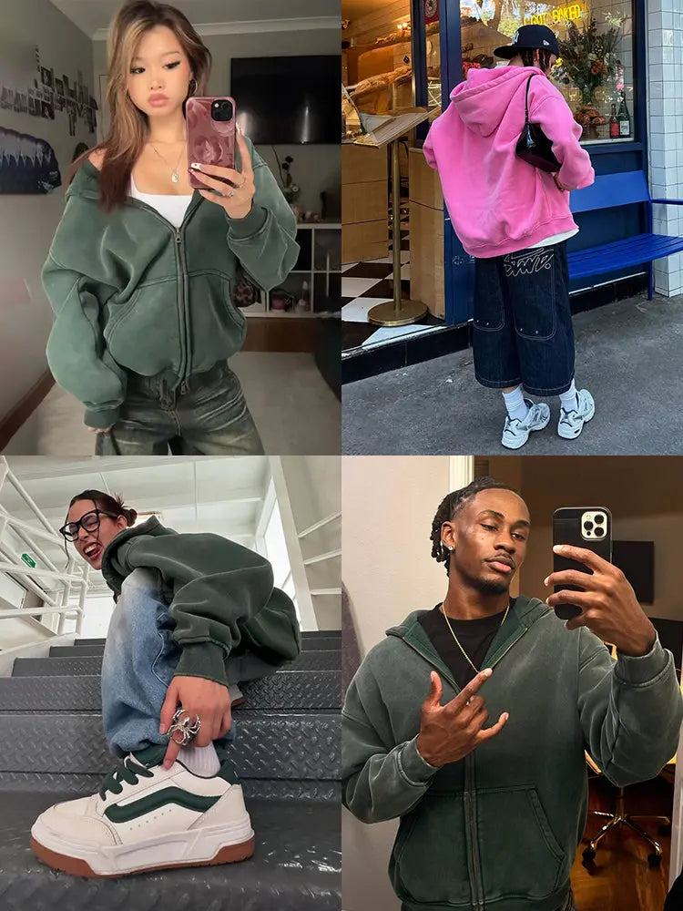 Inflation washed distressed fleece zip-up hoodie featuring a casual fit and distressed details, ideal for cozy streetwear.