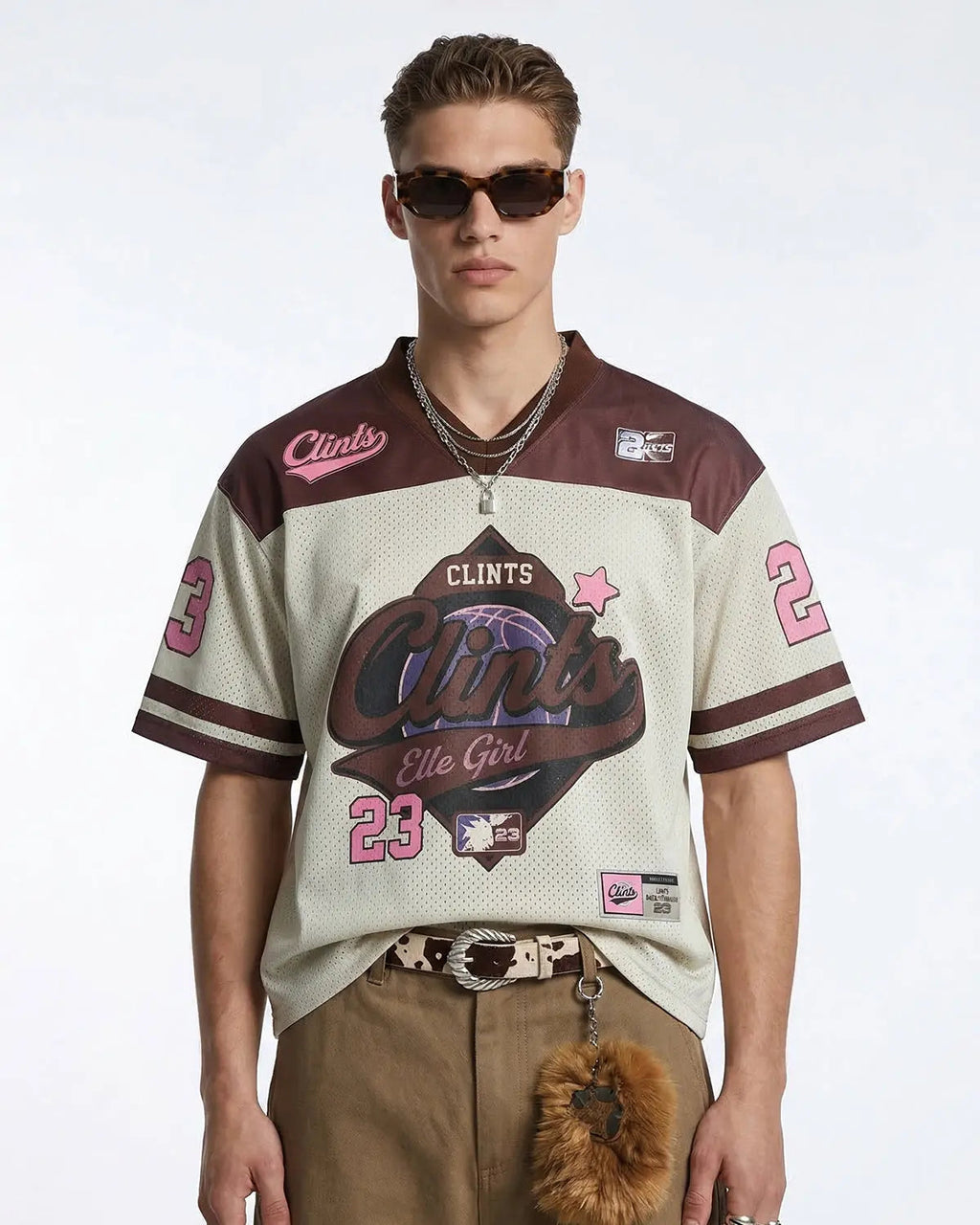 Inflation Streetwear Retro Graphic Mesh Jersey T-shirt with breathable V-neck design and oversized fit.