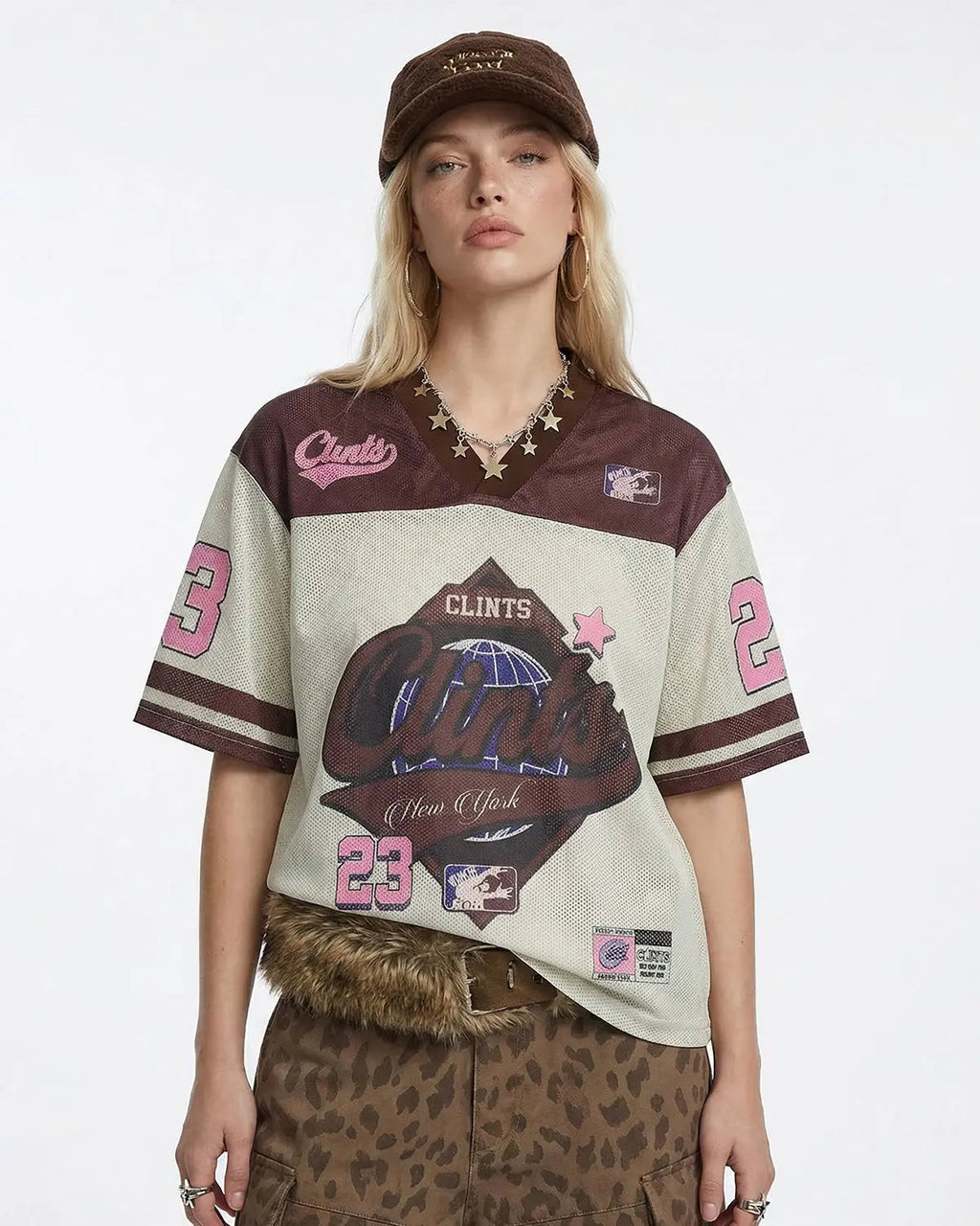 Retro Graphic Mesh Jersey T-shirt by INFLATION featuring bold mesh fabric with vintage-inspired graphic design.