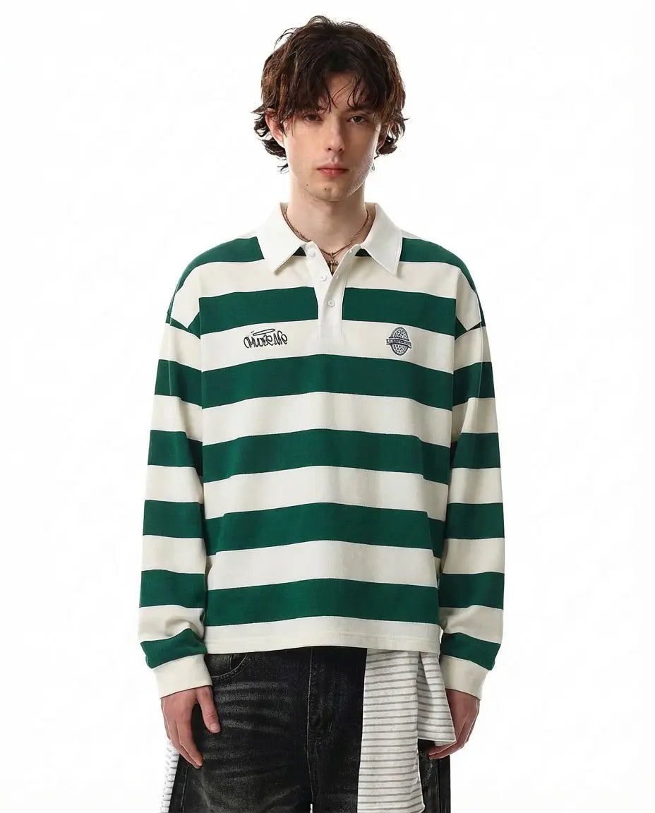 Green rugby polo shirt by INFLATION, casual men's t-shirt with a classic collar and short sleeves, displayed on a plain background.