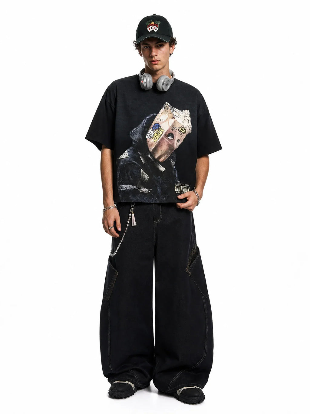 Leopard patchwork barrel jeans by INFLATION featuring bold animal print and relaxed fit for streetwear style.