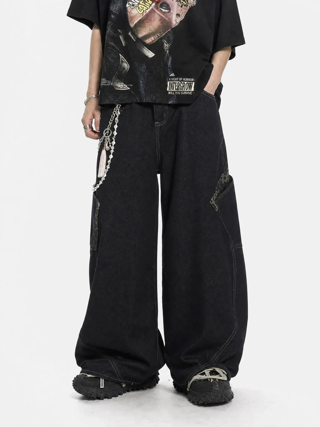 Leopard patchwork barrel jeans from INFLATION Streetwear, featuring bold leopard print and relaxed fit design.
